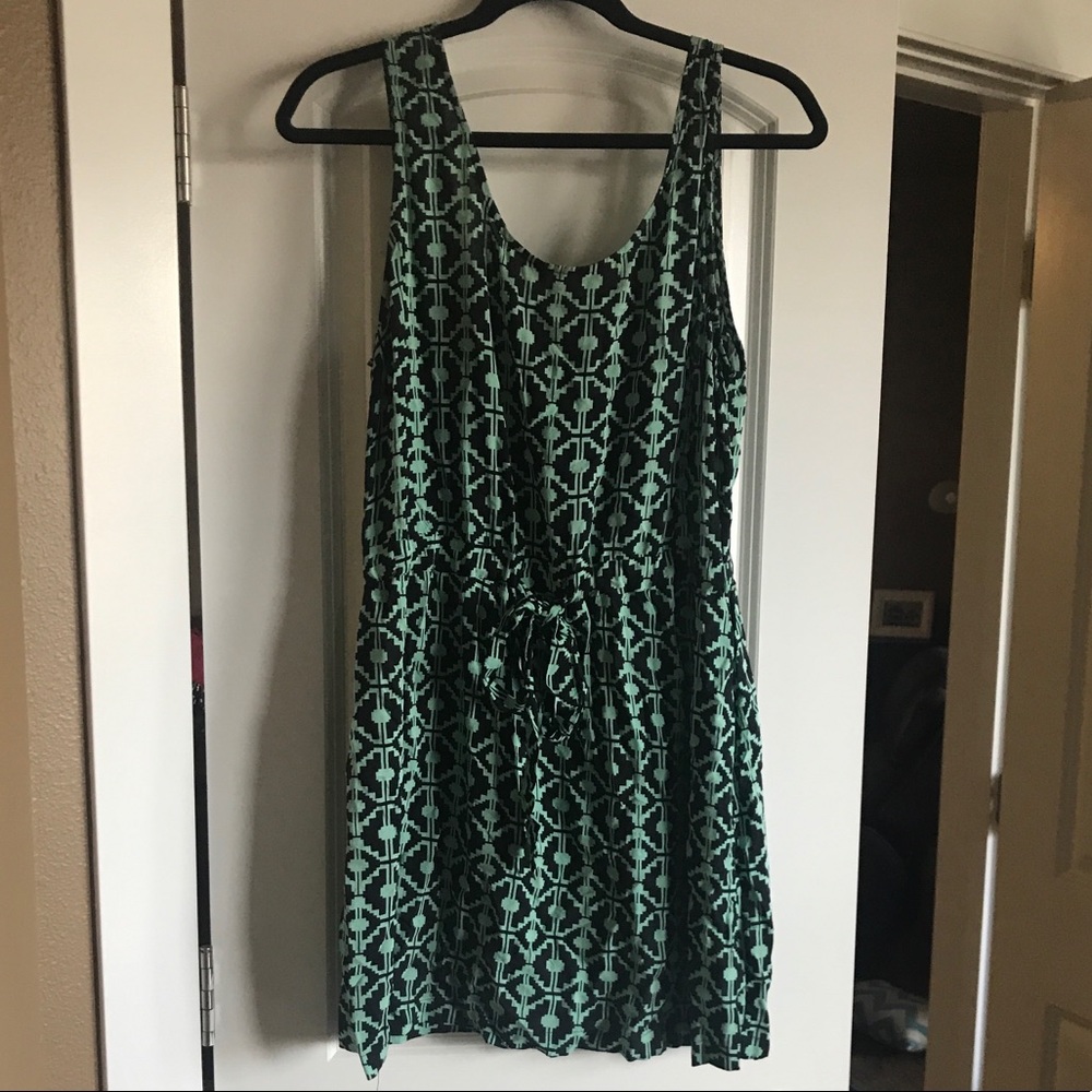 Aztec print, green and black pattern dress.